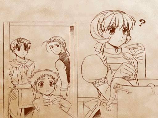 Nanami is making a stew that involves tentacles. Jowy and Pilika are concerned. Riou just looks intrigued.