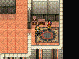 Tacky dude -- henceforth known as OUR HERO, ☆☆☆☆☆☆ McDohl -- standing on a carpet next to a dude in armour and a cape. The whole building we're in is very shiny.