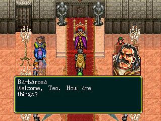 Barbarosa is a dude in yellow wearing an ornate purple cape; there is a woman to the side wearing blue, green, and purple.