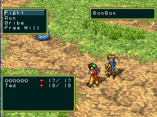 Turn-based battle screen with a blue lump of fluff called a BonBon