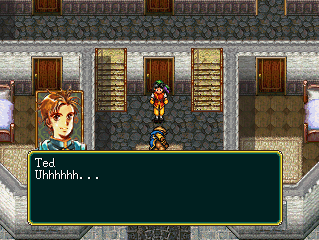 By the front door, Ted is barely conscious on the floor. He goes, 'Uhhhhhh...'