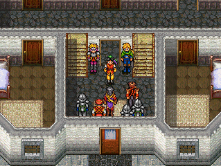 Cleo and Gremio between the door to the rest of the house and the stairs, ☆☆☆☆☆☆ up front, and Kraze, Kanaan, Pahn, and three soldiers are blocking the door.