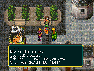 Viktor on a park bench! He says, 'What's the matter? You look troubled. Heh heh, I know who you are. That rebel McDohl kid, right?'