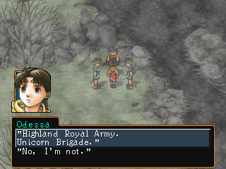 'Highland Royal Army. Unicorn Brigade.' / 'No, I'm not.'