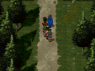 Fliktor are walking up a path, with our hero being escorted by two mercenaries.