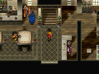 Protag walking into the inn. In the corner between the bar and the stairs stand Leona, Pilika, and Flik.