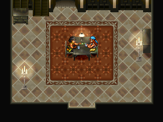 Viktor and Anabelle sitting at the table. Viktor's pouring something from a green bottle into Anabelle's cup.