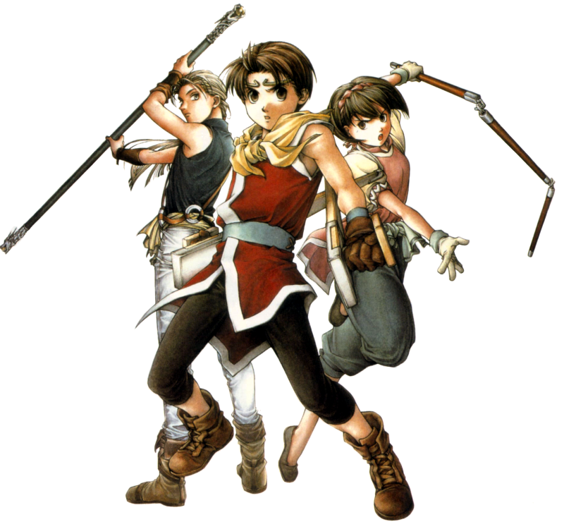 Riou with tonfa, Nanami with tri-nunchaku, Jowy with a staff. They all look ready to beat the crap out of someone.