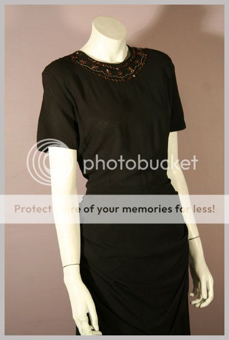 Vintage 40s Brown Crepe Dress w Beaded Neck and Draped Front L  