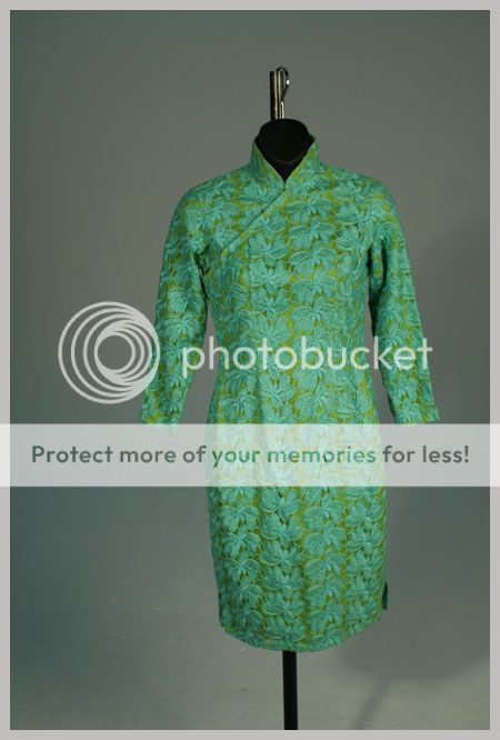 Vintage 60s Turquoise Blue & Lime Green Embroidered Silk Asian 